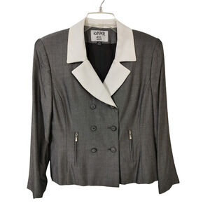 3298)Kasper ASL Petite Charcoal White Contrast Collar Double Breasted Blazer 10P
